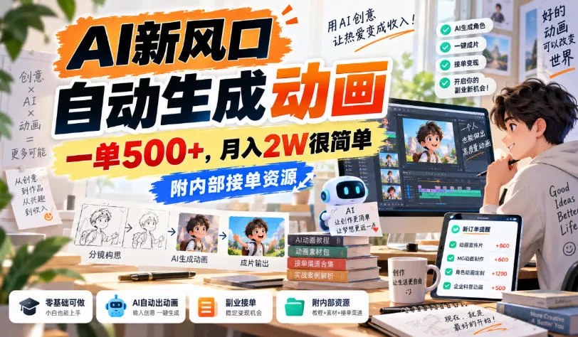AI新风口，自动生成动画，一单500+，月入2W很简单，附内部接单资源【揭秘】 《鱼见海科技》-鱼见海资源网-免费PHP网站源码模板,插件软件网创AI智能体资源分享平台！