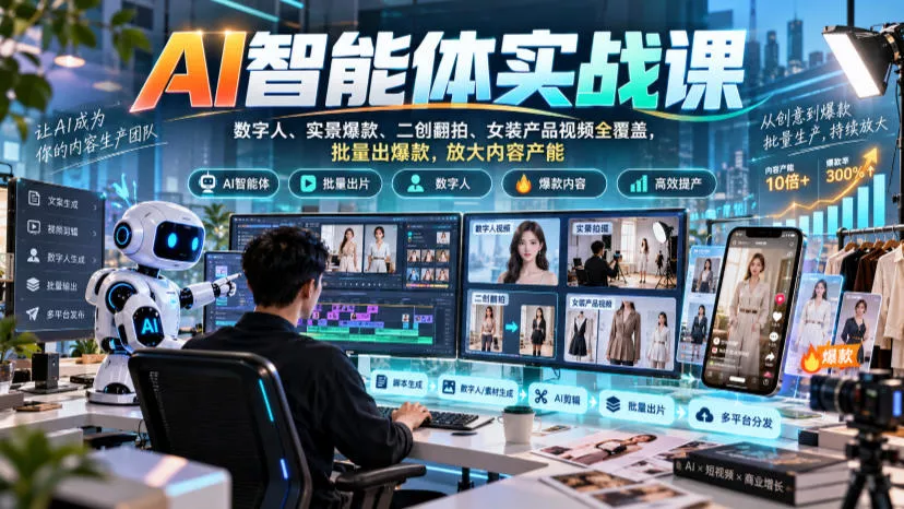 AI智能体实战课，数字人、实景爆款、二创翻拍、女装产品视频全覆盖，批量出爆款，放大内容产能客创社区-专注互联网轻资产资源整合与分享客创社区-专注互联网轻资产资源整合与分享