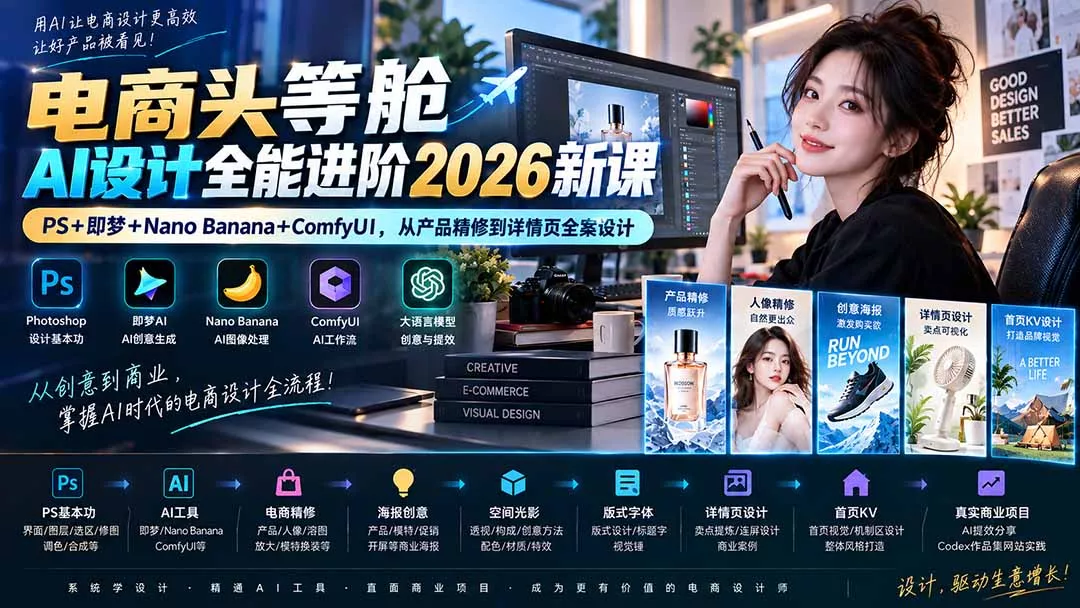 电商头等舱AI设计全能进阶2026新课：PS+即梦+Nano Banana+ComfyUI，从产品精修到详情页全案设计 《鱼见海科技》-鱼见海资源网-免费PHP网站源码模板,插件软件网创AI智能体资源分享平台！
