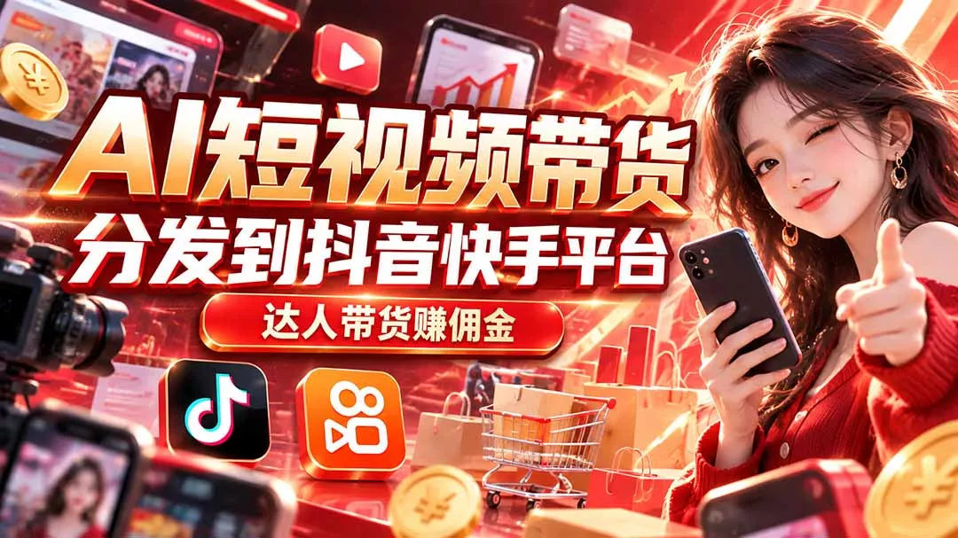 【AI短视频带货】分发到抖音快手平台，达人带货赚佣金-九九网创