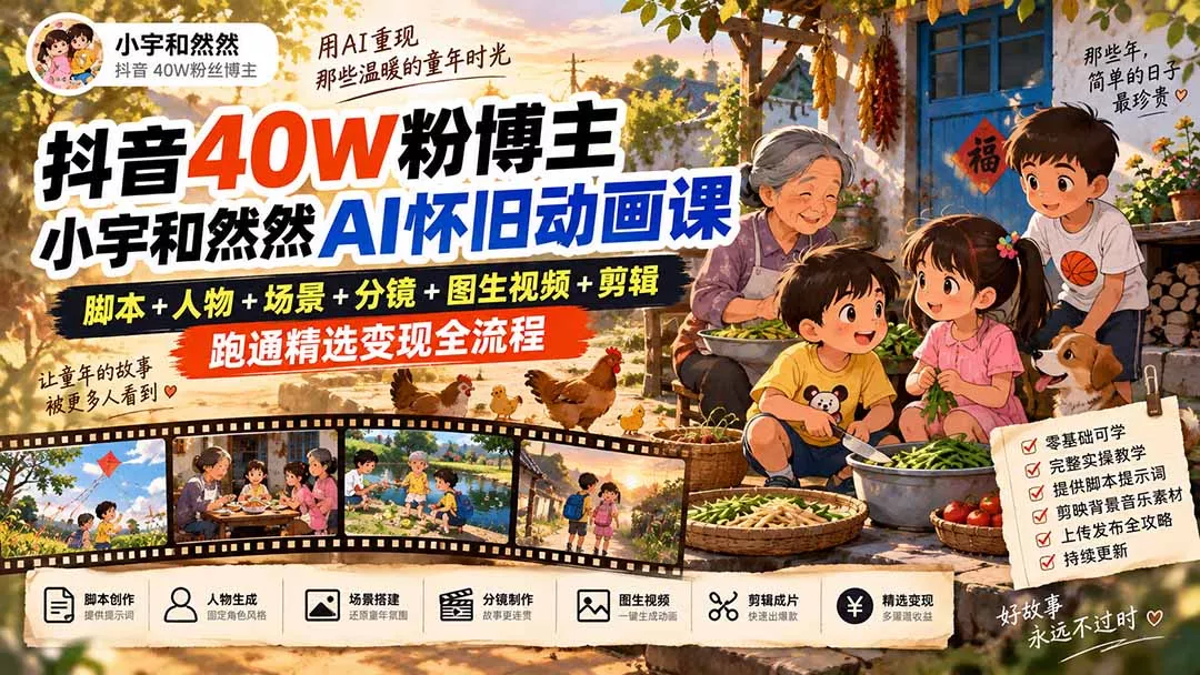 抖音40W粉博主小宇和然然AI怀旧动画课|脚本+人物+场景+分镜+图生视频+剪辑,跑通精选变现全流程 抖音40W粉博主小宇和然然AI怀旧动画课|脚本+人物+场景+分镜