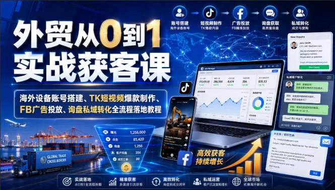 外贸从0到1实战获客课｜海外设备账号搭建、TK短视频爆款制作、FB广告投放、询盘私域转化全流程落地教程星享资源网星享资源网