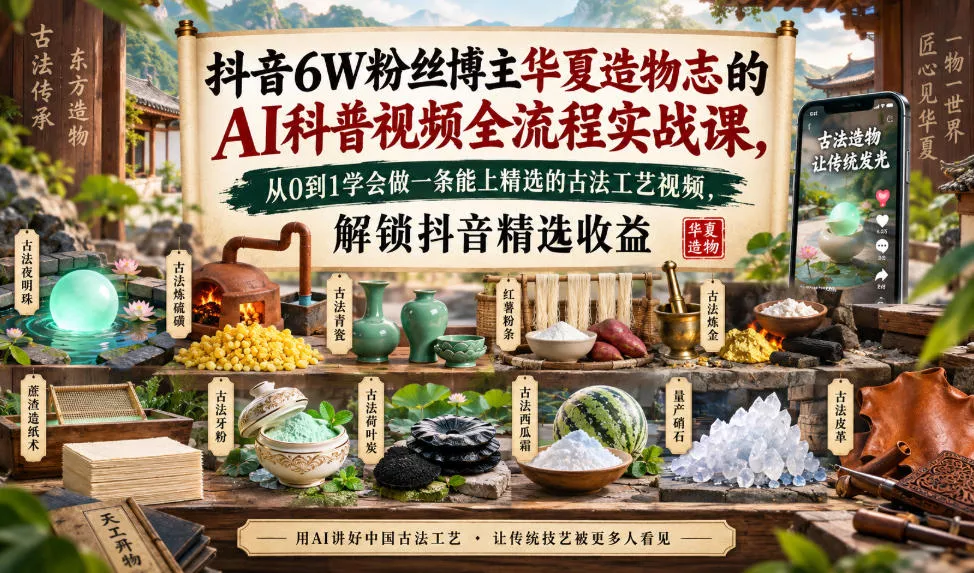 抖音6W粉丝博主华夏造物志的AI科普视频全流程实战课，从0到1学会做一条能上精选的古法工艺视频，解锁抖音精选收益星享资源网星享资源网