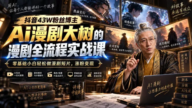 抖音43W粉丝博主Ai漫剧大树的漫剧制作全流程实战课，零基础小白轻松做漫剧短片，涨粉变现 《鱼见海科技》-鱼见海资源网-免费PHP网站源码模板,插件软件网创AI智能体资源分享平台！