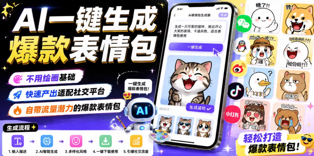 AI一键生成爆款表情包，不用绘画基础，快速产出适配社交平台，自带流量潜力的爆款表情包客创社区-专注互联网轻资产资源整合与分享客创社区-专注互联网轻资产资源整合与分享