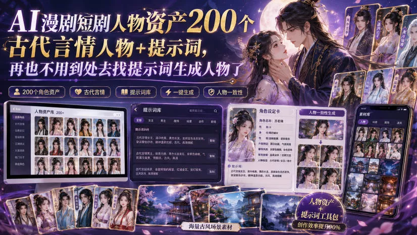 AI漫剧短剧人物资产200个古代言情人物+提示词，再也不用到处去找提示词生成人物了-软件百科