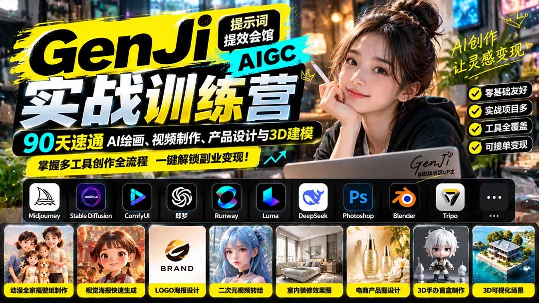 GenJi AIGC实战训练营：90天速通AI绘画、视频制作、产品设计与3D建模，掌握多工具创作全流程-鱼见海资源网-免费PHP网站源码模板,插件软件网创AI智能体资源分享平台！
