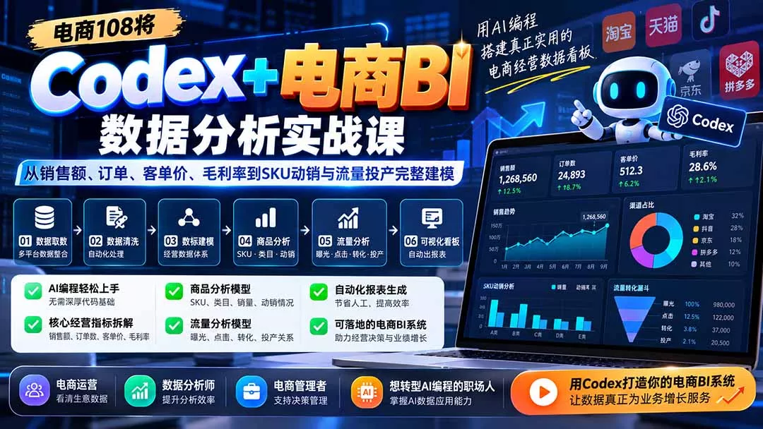 Codex+电商BI数据分析实战课-更新：从销售额、订单、客单价、毛利率到SKU动销与流量投产完整建模-鱼见海资源网-免费PHP网站源码模板,插件软件网创AI智能体资源分享平台！