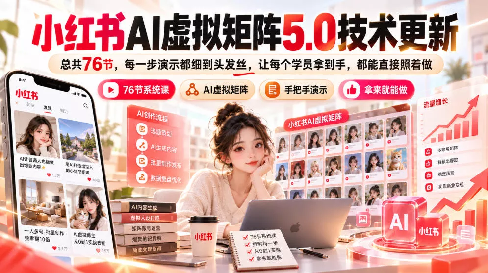 小红书AI虚拟矩阵5.0技术更新，总共76节，每一步演示都细到头发丝，让每个学员拿到手，都能直接照着做客创社区-专注互联网轻资产资源整合与分享客创社区-专注互联网轻资产资源整合与分享