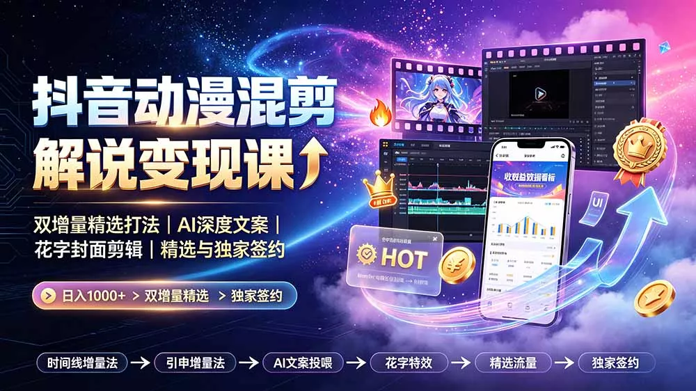 抖音动漫混剪解说变现课：双增量精选打法｜AI深度文案｜花字封面剪辑｜ 精选与独家签约日入1000+-软件百科