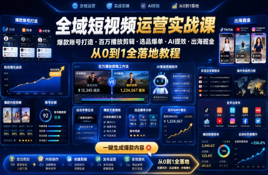 全域短视频运营实战课，爆款账号打造・百万播放剪辑・选品爆单・AI提效・出海掘金，从0到1全落地教程客创社区-专注互联网轻资产资源整合与分享客创社区-专注互联网轻资产资源整合与分享