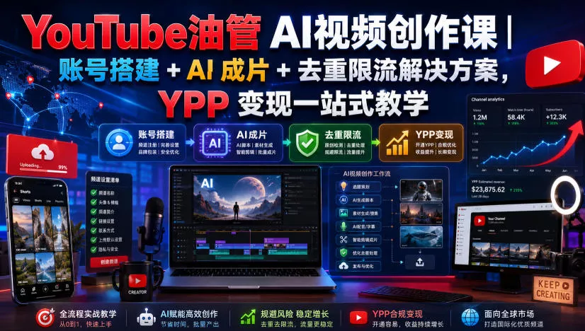 YouTube油管AI视频创作课｜账号搭建+AI成片+去重限流解决方案，YPP变现一站式教学 《鱼见海科技》-鱼见海资源网-免费PHP网站源码模板,插件软件网创AI智能体资源分享平台！