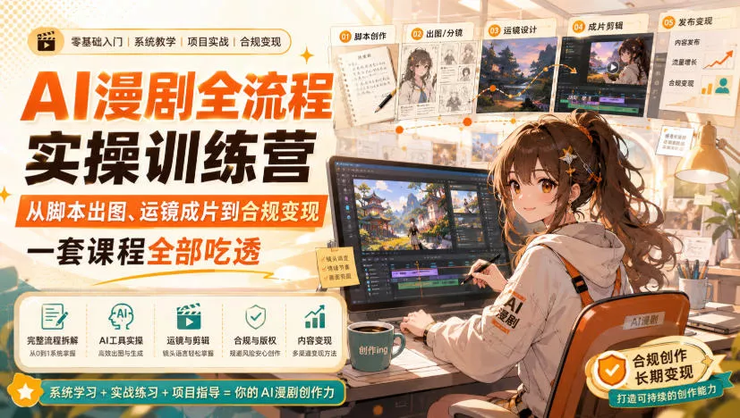 AI漫剧全流程实操训练营，从脚本出图、运镜成片到合规变现，一套课程全部吃透 《鱼见海科技》-鱼见海资源网-免费PHP网站源码模板,插件软件网创AI智能体资源分享平台！