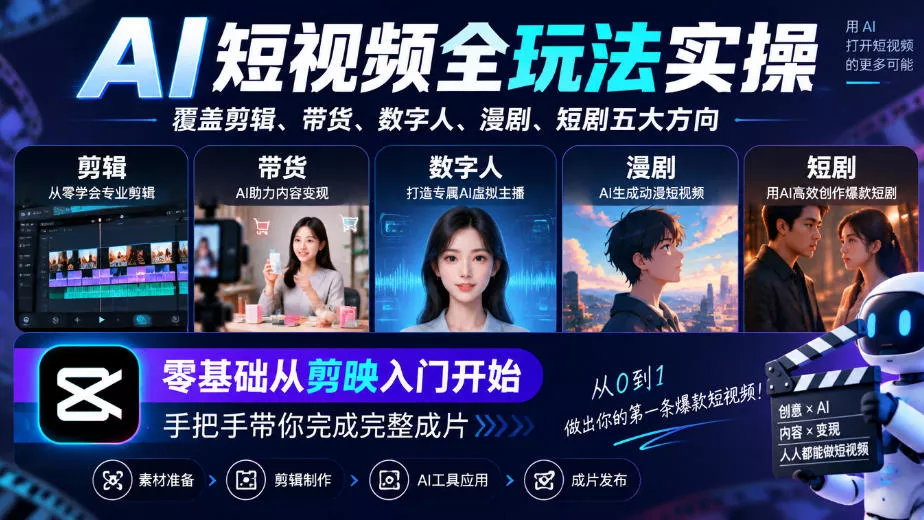 AI短视频全玩法实操，覆盖剪辑、带货、数字人、漫剧、短剧五大方向，零基础从剪映入门开始，手把手带你完成完整成片客创社区-专注互联网轻资产资源整合与分享客创社区-专注互联网轻资产资源整合与分享