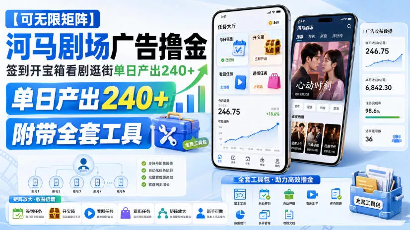 【可无限矩阵】河马剧场广告撸金，签到开宝箱看剧逛街单日产出240+，附带全套工具【揭秘】客创社区-专注互联网轻资产资源整合与分享客创社区-专注互联网轻资产资源整合与分享