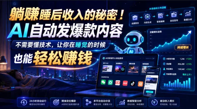 躺賺睡后收入的秘密！AI自动发爆款内容，不需要懂技术，让你在睡觉的时候也能轻松賺钱【原创双语字幕】 《鱼见海科技》-鱼见海资源网-免费PHP网站源码模板,插件软件网创AI智能体资源分享平台！