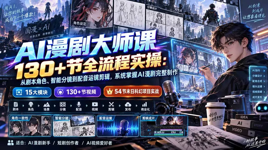 AI漫剧大师课130+节全流程实操：从剧本角色、智能分镜到配音运