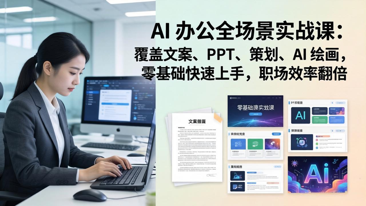 AI 办公全场景实战课：覆盖文案、PPT、策划、AI 绘画，零基础快速上手，职场效率翻倍客创社区-专注互联网轻资产资源整合与分享客创社区-专注互联网轻资产资源整合与分享