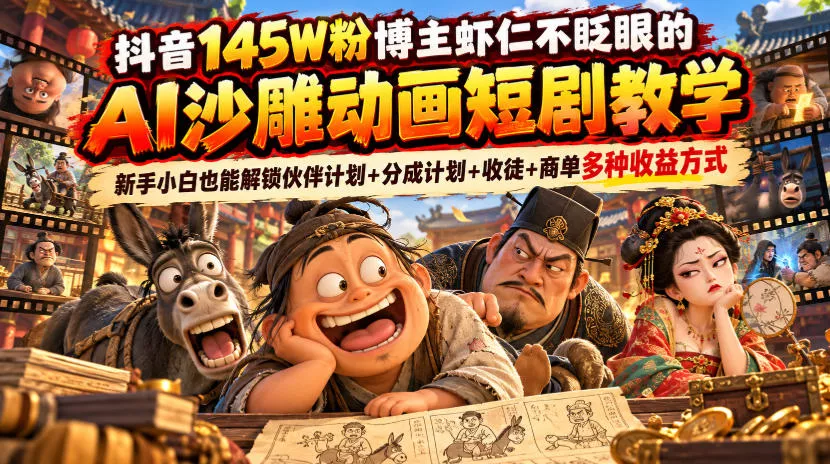 抖音145W粉博主虾仁不眨眼的AI沙雕动画短剧教学，新手小白也能解锁伙伴计划+分成计划+收徒+商单多种收益方式客创社区-专注互联网轻资产资源整合与分享客创社区-专注互联网轻资产资源整合与分享