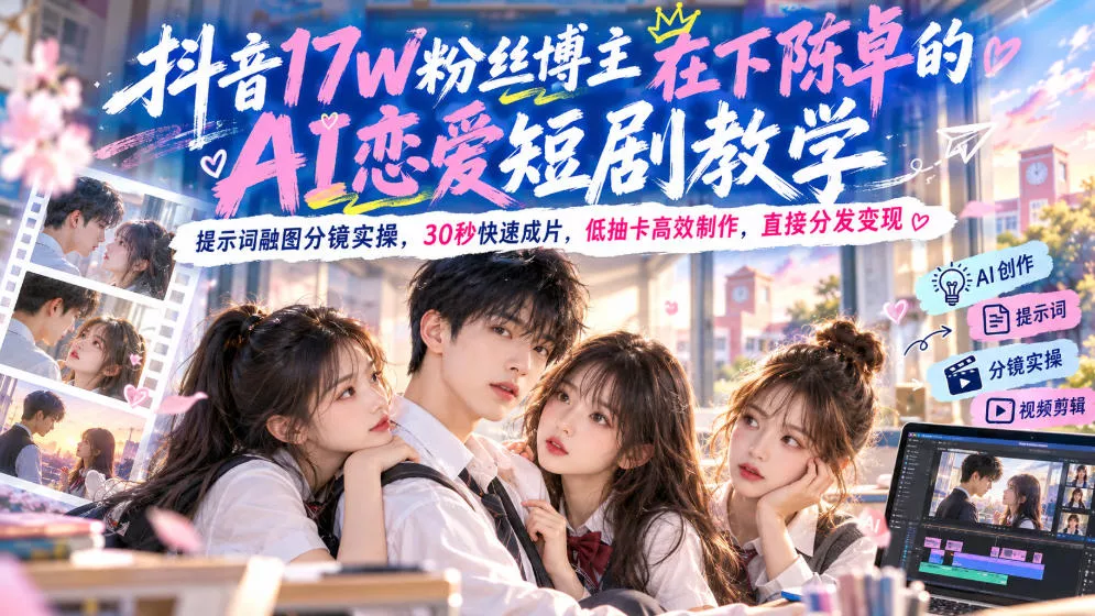 抖音17W粉丝博主在下陈卓的AI恋爱短剧教学，提示词融图分镜实操，30秒快速成片，低抽卡高效制作，直接分发变现 《鱼见海科技》-鱼见海资源网-免费PHP网站源码模板,插件软件网创AI智能体资源分享平台！
