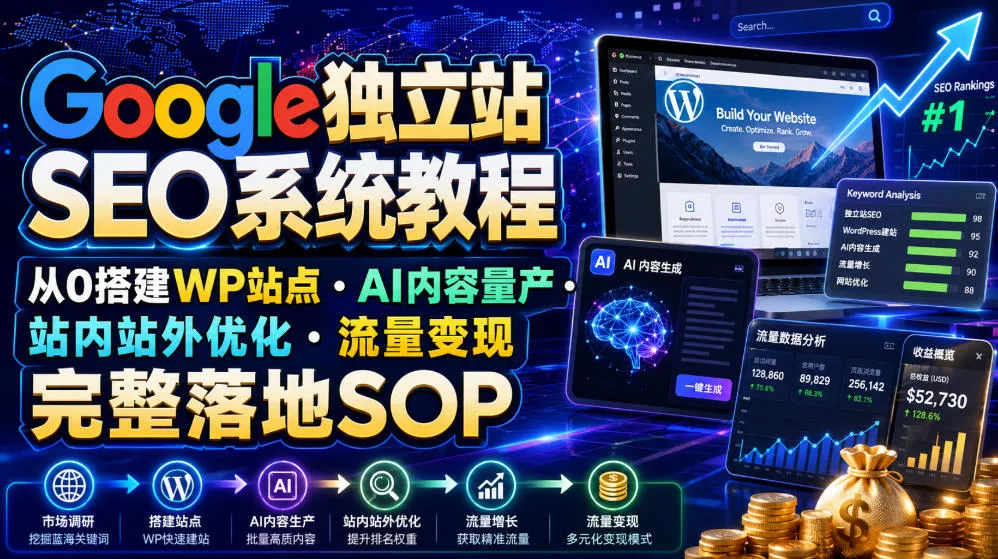 Google独立站SEO系统教程,从0搭建WP站点・AI内容量产・站内站外优化・流量变现完整落地SOP(2026年7月)主用 -、辅助 +中赚AI网