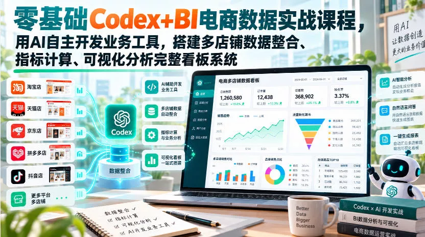 零基础Codex+BI电商数据实战课程,用AI自主开发业务工具,搭建多店铺数据整合、指标计算、可视化分析完整看板系统 零基础Codex+BI电商数据实战课程,用AI自主开发业务工具,
