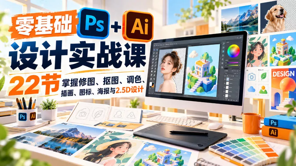 【无水印】零基础PS+AI设计实战课｜22节掌握修图、抠图、调色、插画、图标、海报与2.5D设计-九九网创