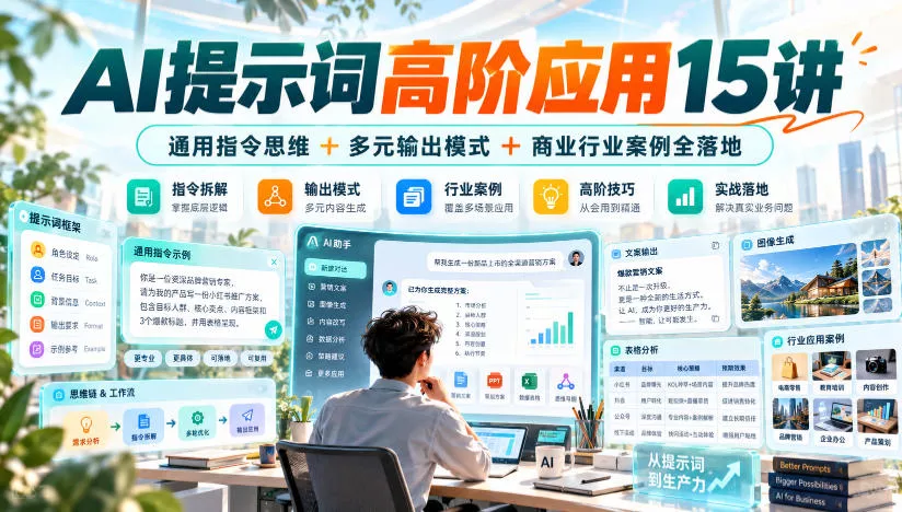 AI提示词高阶应用15讲｜通用指令思维+多元输出模式+商业行业案例全落地 《鱼见海科技》-鱼见海资源网-免费PHP网站源码模板,插件软件网创AI智能体资源分享平台！