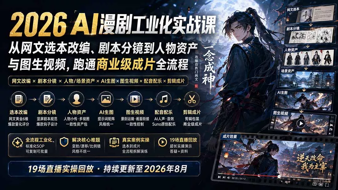 2026 AI漫剧工业化实战课-更新：从网文选本改编、剧本分镜到人物资产与图生视频，跑通商业级成片全流程客创社区-专注互联网轻资产资源整合与分享客创社区-专注互联网轻资产资源整合与分享