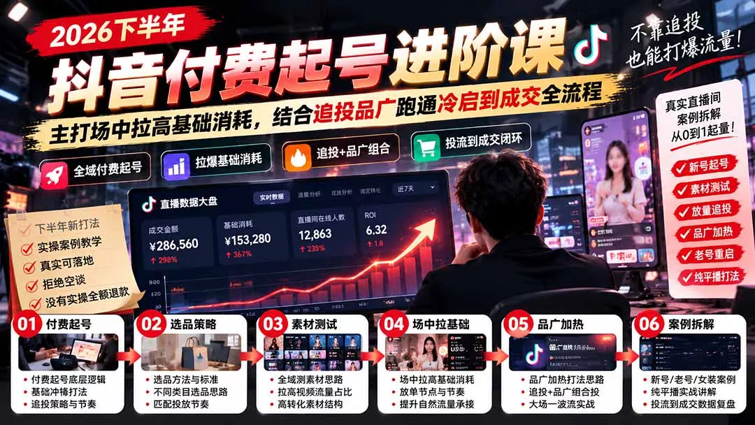 2026下半年抖音付费起号进阶课：主打场中拉高基础消耗，结合追投品广跑通冷启到成交全流程 《鱼见海科技》-鱼见海资源网-免费PHP网站源码模板,插件软件网创AI智能体资源分享平台！