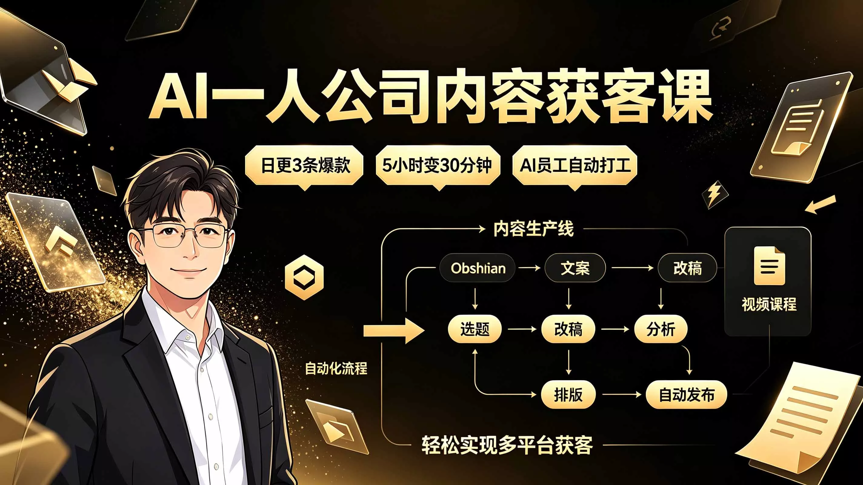 AI一人公司内容获客课：日更3条爆款×5小时变30分钟×AI员工自动打工，轻松实现多平台获客客创社区-专注互联网轻资产资源整合与分享客创社区-专注互联网轻资产资源整合与分享