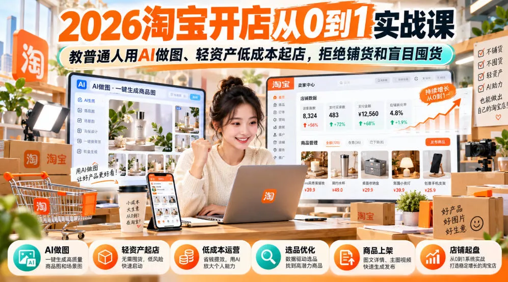2026淘宝开店从0到1实战课，教普通人用AI做图、轻资产低成本起店，拒绝铺货和盲目囤货 《鱼见海科技》-鱼见海资源网-免费PHP网站源码模板,插件软件网创AI智能体资源分享平台！