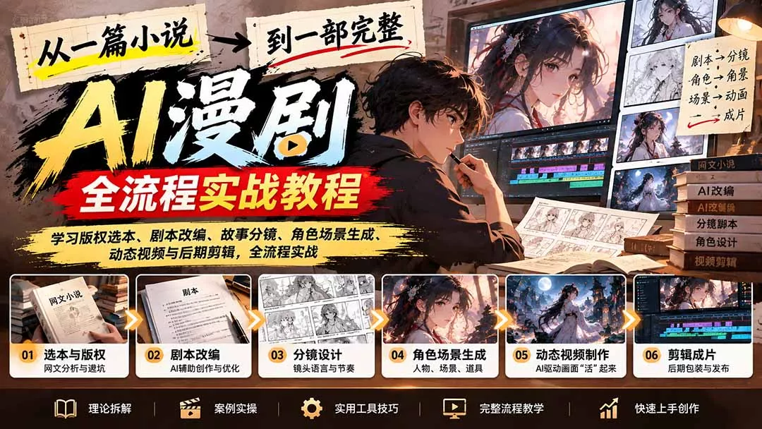 从一篇小说到一部完整AI漫剧：学习版权选本、剧本改编、故事分镜、角色场景生成、动态视频与后期剪辑客创社区-专注互联网轻资产资源整合与分享客创社区-专注互联网轻资产资源整合与分享