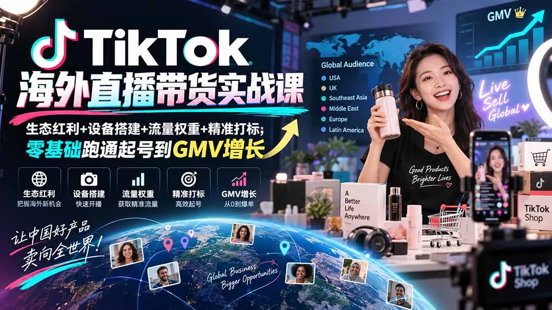 TikTok海外直播带货实战课｜生态红利+设备搭建+流量权重+精准打标，零基础跑通起号到GMV增长-鱼见海资源网-免费PHP网站源码模板,插件软件网创AI智能体资源分享平台！
