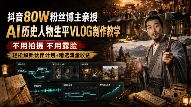 抖音80W粉丝博主的AI历史人物生平VLOG教学，不用拍摄不用露脸，AI帮你搞定，轻松解锁伙伴计划+精选收益 《鱼见海科技》-鱼见海资源网-免费PHP网站源码模板,插件软件网创AI智能体资源分享平台！