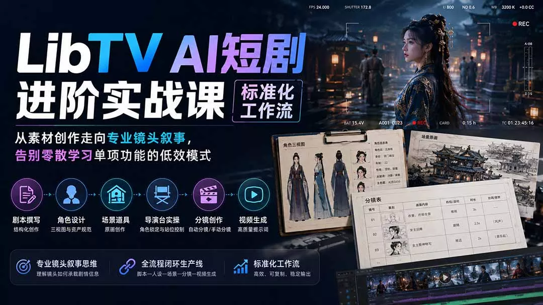 LibTV AI短剧进阶实操课标准化工作流；从素材创作走向专业镜头叙事，告别零散学习单项功能的低效模式-鱼见海资源网-免费PHP网站源码模板,插件软件网创AI智能体资源分享平台！