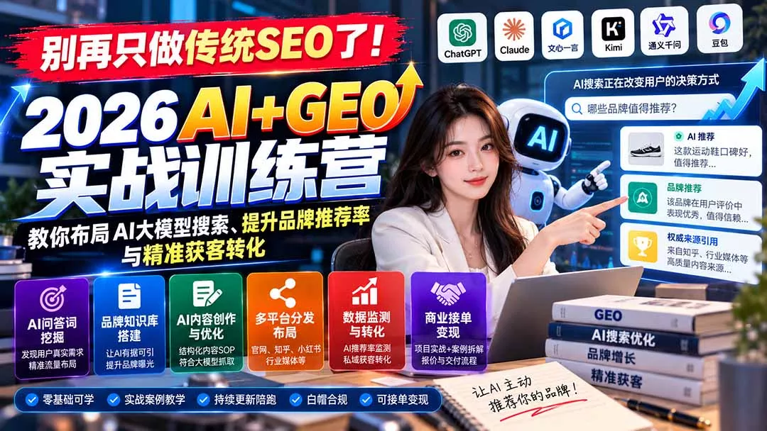 别再只做传统SEO了！《2026AI+GEO实战训练营》教你布局AI大模型搜索、提升品牌推荐率与精准获客转化客创社区-专注互联网轻资产资源整合与分享客创社区-专注互联网轻资产资源整合与分享