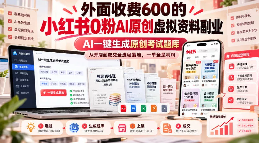 外面收费600的小红书0粉AI原创虚拟资料副业，AI一键生成原创考试题库，从开店到成交全流程落地，一单全是利润 《鱼见海科技》-鱼见海资源网-免费PHP网站源码模板,插件软件网创AI智能体资源分享平台！