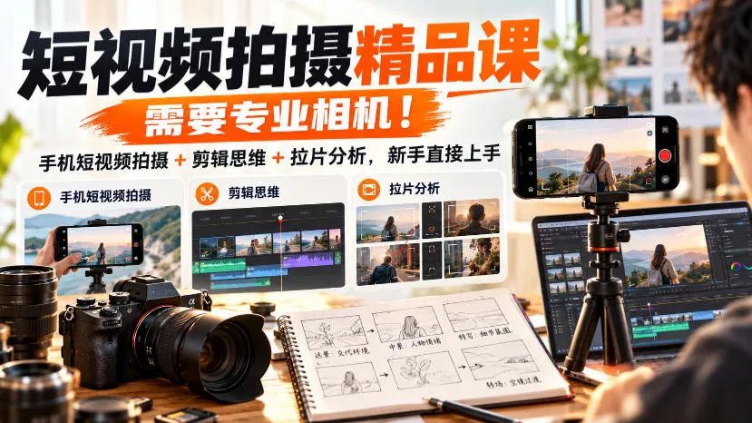 短视频拍摄精品课，需要专业相机！手机短视频拍摄+剪辑思维+拉片分析，新手直接上手客创社区-专注互联网轻资产资源整合与分享客创社区-专注互联网轻资产资源整合与分享