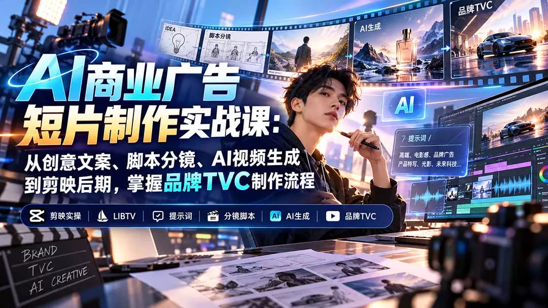 AI商业广告短片制作实战课：从创意文案、脚本分镜、AI视频生成到剪映后期，掌握品牌TVC制作流程-鱼见海资源网-免费PHP网站源码模板,插件软件网创AI智能体资源分享平台！