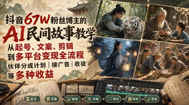 抖音67W粉丝博主的AI民间故事教学，从起号、文案、剪辑到多平台变现全流程，伙伴分成计划接广告等多种收益，月入1W+ 《鱼见海科技》-鱼见海资源网-免费PHP网站源码模板,插件软件网创AI智能体资源分享平台！