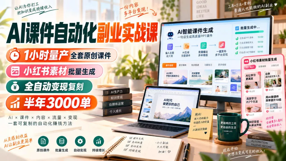 AI课件自动化副业实战课，1小时量产全套原创课件，小红书素材批量生成，全自动变现复刻，半年3000单客创社区-专注互联网轻资产资源整合与分享客创社区-专注互联网轻资产资源整合与分享