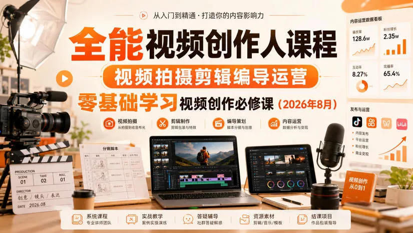全能视频创作人课程，视频拍摄剪辑编导运营，零基础学习视频创作必修课(2026年8月) 《鱼见海科技》-鱼见海资源网-免费PHP网站源码模板,插件软件网创AI智能体资源分享平台！