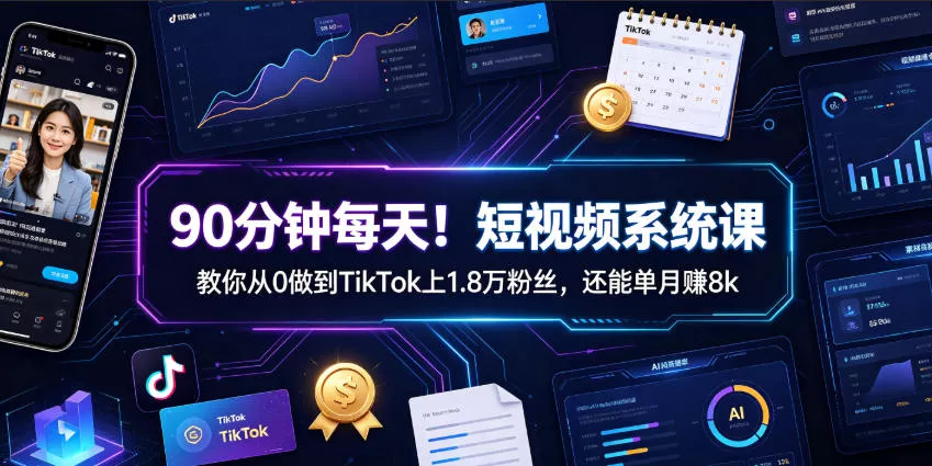 90分钟每天！短视频系统课教你从0做到TikTok上1.8万粉丝，还能单月賺8k【原创双语字幕】 《鱼见海科技》-鱼见海资源网-免费PHP网站源码模板,插件软件网创AI智能体资源分享平台！