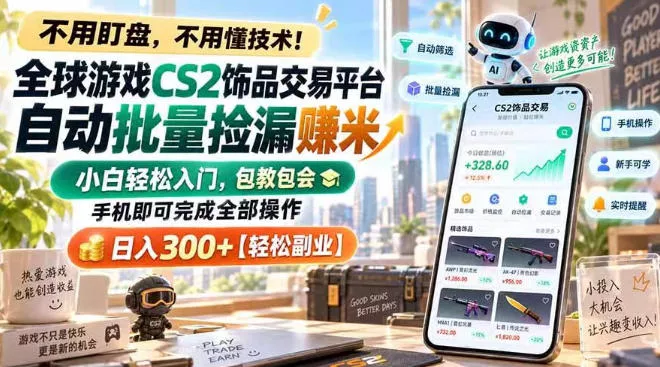 全球游戏CS2饰品交易平台自动批量捡漏賺米，小白轻松入门，包教包会，手机即可完成全部操作，日入300+【揭秘】客创社区-专注互联网轻资产资源整合与分享客创社区-专注互联网轻资产资源整合与分享