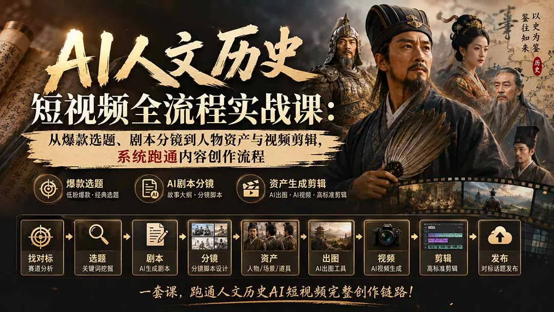 AI人文历史短视频全流程实战课：从爆款选题、剧本分镜到人物资产与视频剪辑，系统跑通内容创作流程客创社区-专注互联网轻资产资源整合与分享客创社区-专注互联网轻资产资源整合与分享
