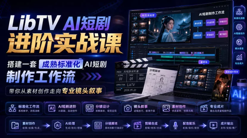 LibTV AI短剧进阶实战课，搭建一套成熟标准化AI短剧制作工作流，带你从素材创作走向专业镜头叙事-鱼见海资源网-免费PHP网站源码模板,插件软件网创AI智能体资源分享平台！