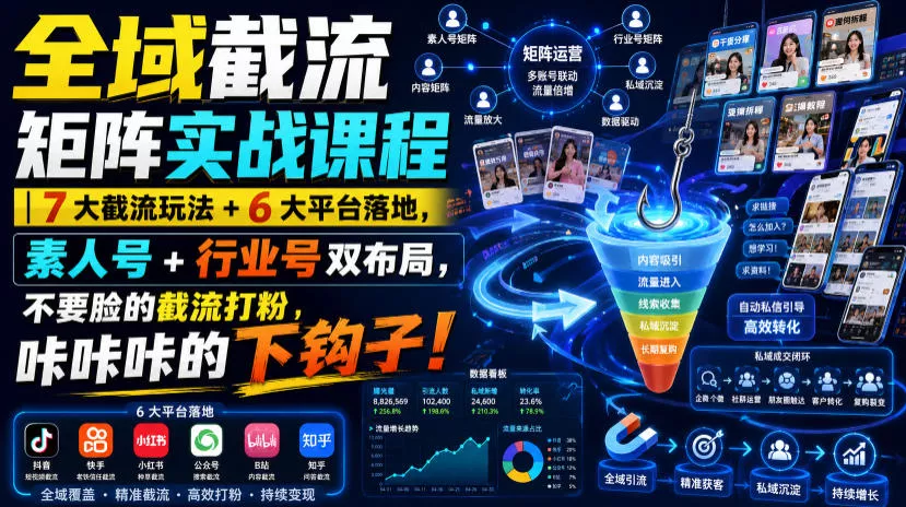 全域截流矩阵实战课程｜7大截流玩法+6大平台落地，素人号+行业号双布局，不要脸的截流打粉，咔咔咔的下钩子！ 《鱼见海科技》-鱼见海资源网-免费PHP网站源码模板,插件软件网创AI智能体资源分享平台！