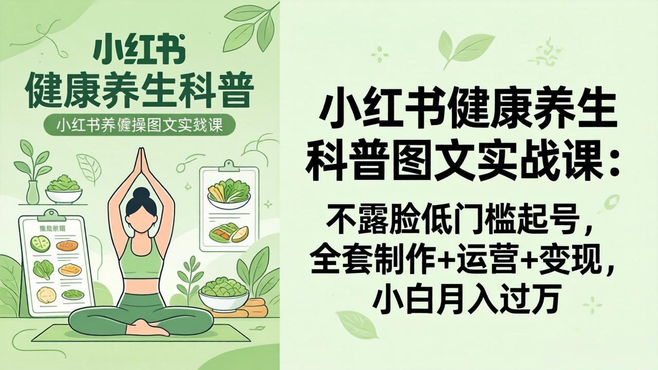 2026小红书健康养生科普图文实战课:不露脸低门槛起号,全套制作+运营+变现,小白月入过万-九九网创