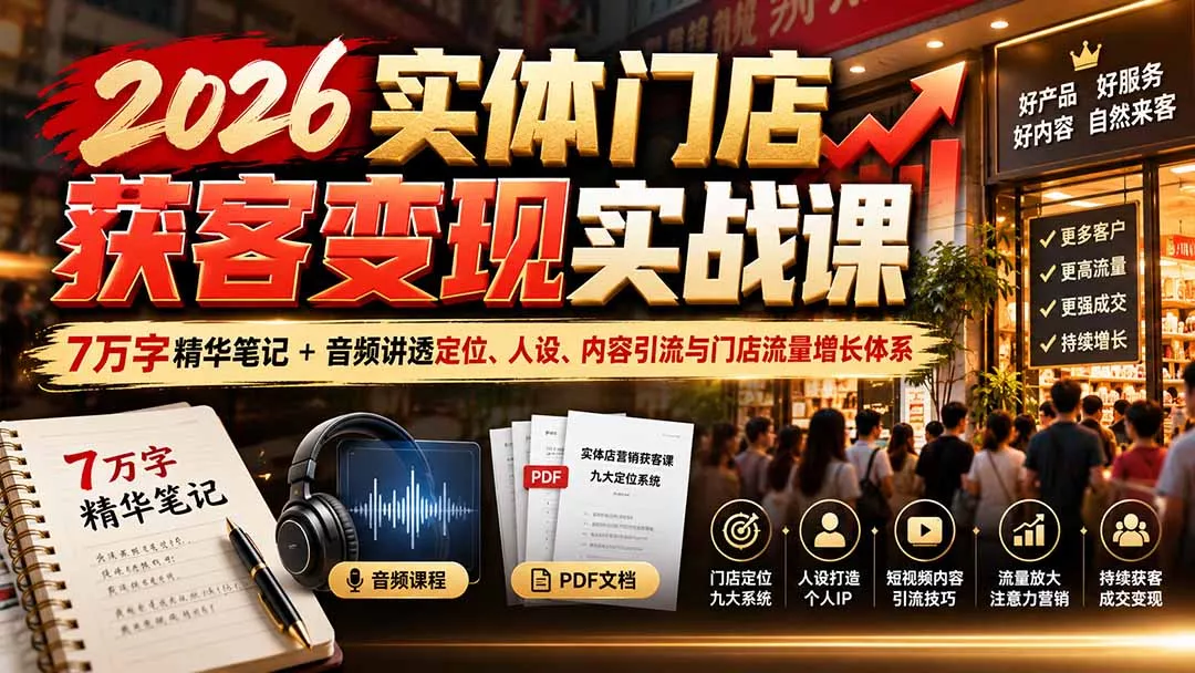 2026实体门店获客变现实战课：7万字精华笔记+音频讲透定位、人设、内容引流与门店流量增长体系 《鱼见海科技》-鱼见海资源网-免费PHP网站源码模板,插件软件网创AI智能体资源分享平台！